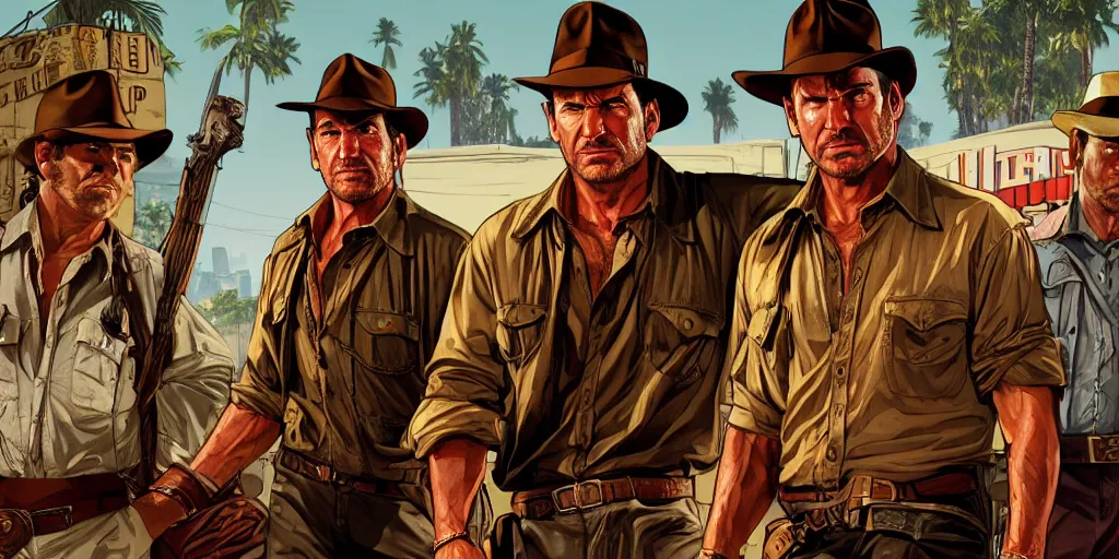 Image similar to Indiana Jones in GTA V, Cover Art by Stephen Bliss, Boxart, Loading Screen. 8k Resolution