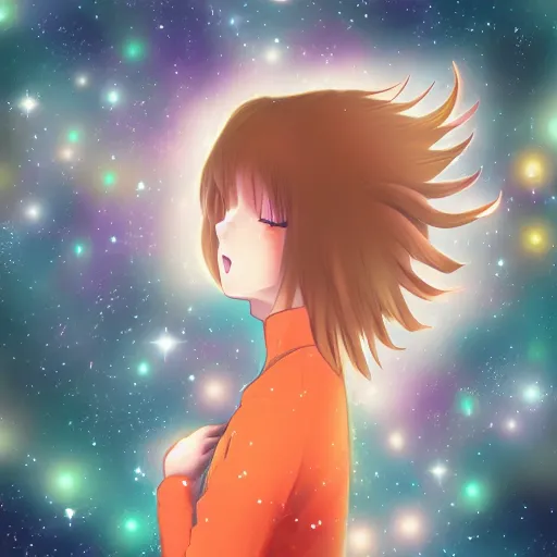 Image similar to a girl staring up a the stars in a anime style, digital art, 4K