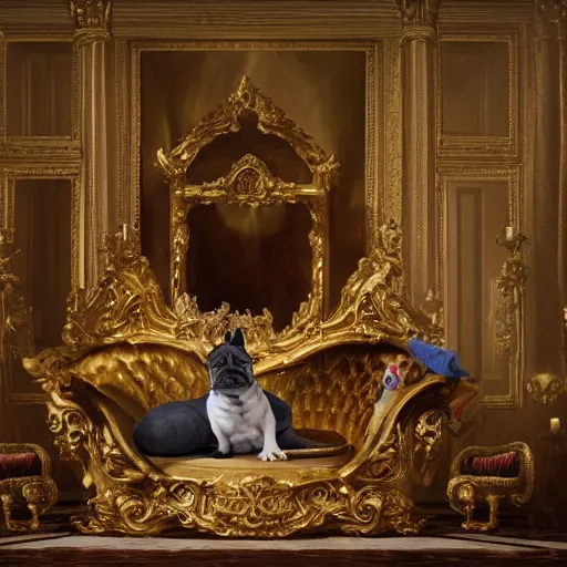 Image similar to 8k highly detailed oil matte painting by Charles Landelle of A French Bulldog King, decadent throne room, the other animals prostrate themselves before the throne