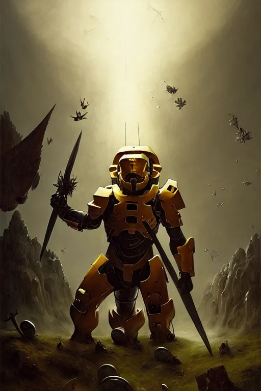 Image similar to hieronymus bosch, greg rutkowski, anna podedworna, painting of halo spartan armor laughing at a laptop