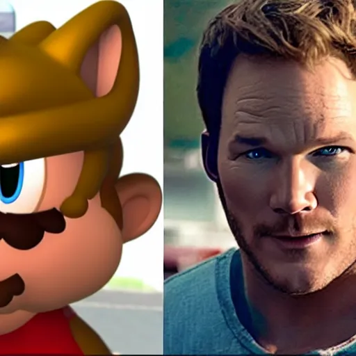 Prompt: Chris Pratt playing Mario in the Super Mario Movie, trailer footage, epic