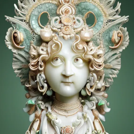 Image similar to a closeup photo, rococo alabaster and jade real delicate ceramic porcelain sculpture of an ornate detailed vulture goddess in front of an intricate background by rafael, micro detail, backlit lighting, subsurface scattering, translucent, thin porcelain, emerald, jade, octane renderer, colorful, physically based rendering, trending on cgsociety