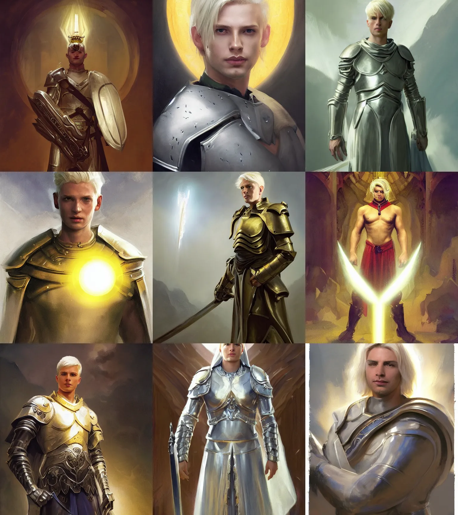 Prompt: Portrait of an Aasimar man wearing a paladin garb with short platinum blonde hair a kind face a halo of light and a distantly hopeful expression, cinematic lighting, detailed, beautiful, illustration by Greg Rutkowski, Andrei Riabovitchev Jean Giraud Tom Anders Zorn, Edward Hopper and Ilya Kushinov, Frederick Bacon, Tom Anders Zorn, John Collier, Vladimir Abat-Cherkasov