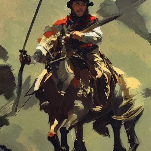 Image similar to portrait of rider wearing gambeson aiming bow, galloping detailed by greg manchess, craig mullins, bernie fuchs, walter everett, low angle