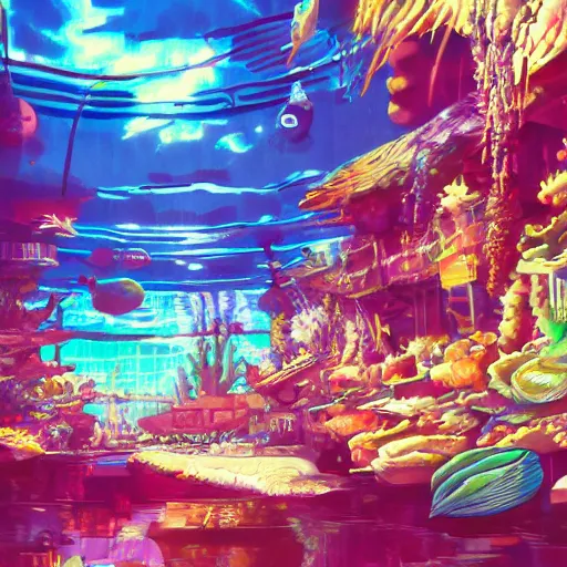 Prompt: anime background of an undersea slums shopping district built from various sea shells and corals, seaweed, light prisms, light diffraction, steampunk, cyberpunk, cool colors, caustics, anime, vhs distortion