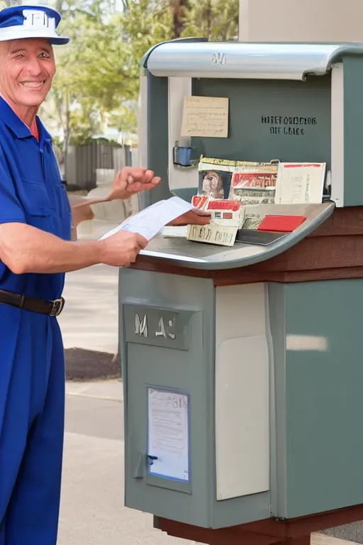 Prompt: a 5 0's mailman at the counter