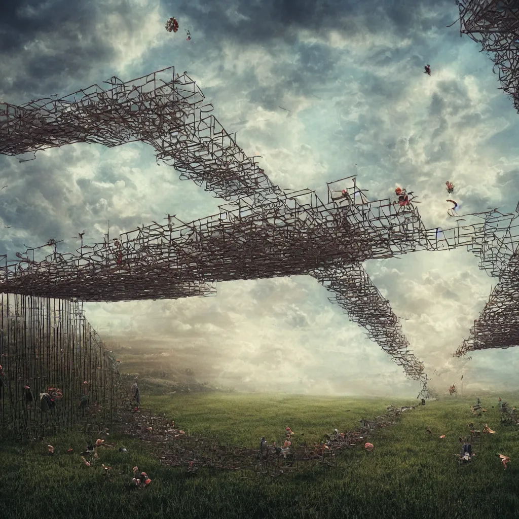 Prompt: wimmelbilder maze made of bridges in the sky, collage with photographs of beautiful android women weaving between the lines, isometric, clouds, octane render, very sharp, beksinski, quint buchholz, charlie bowater, pranckevicius