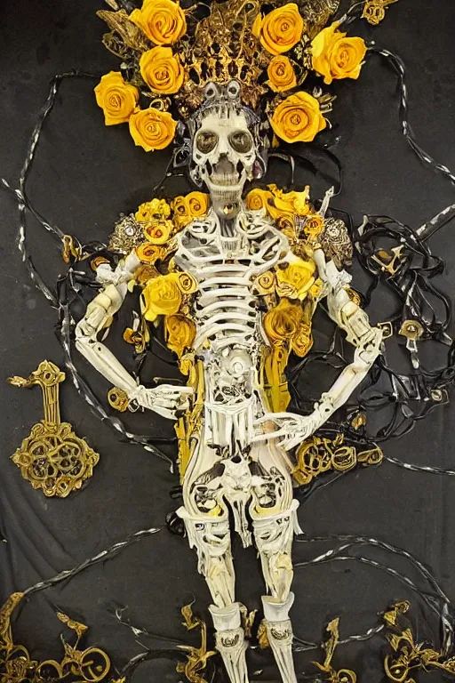 Prompt: full-body baroque and cyberpunk style sculpture of a young handsome Spanish prince half android with a chest opening exposing circuitry and electric sparks, glowing yellow laser eyes, crown of yellow roses, flowing teal-colored silk, fabric, flowers. baroque elements, human skull. full-length view. baroque element. intricate artwork by caravaggio. many many birds birds on background. Trending on artstation, octane render, cinematic lighting from the right, hyper realism, octane render, 8k, depth of field, 3D