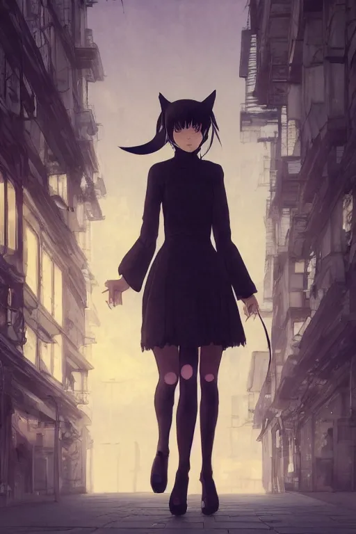Prompt: a woman with cat ears in a lace dress and thigh highs walking in a dark soviet city, digital illustration, beautiful face, volumetric, by makoto shinkai, by yoshitaka amano, by greg rutkowski, by dan mumford, highly detailed, composition, 4 k, forward facing pose, detailed street, photorealism, octane render