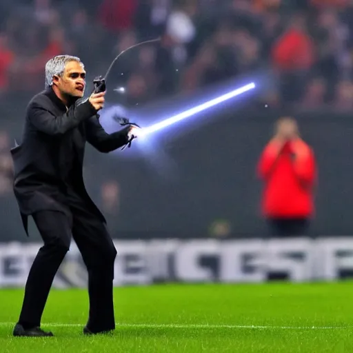 Prompt: jose mourinho jumping shooting lasers, in the sky, clouds, beautiful picture