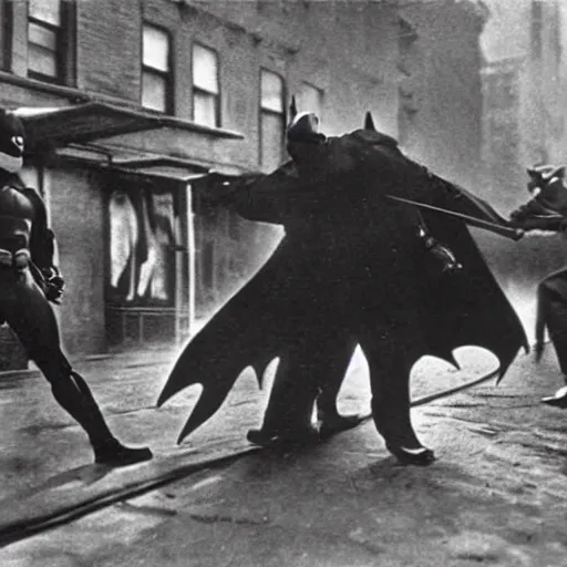 Prompt: old black and white photo, 1 9 1 3, depicting batman fighting bad guys in an ally of new york city, rule of thirds, historical record