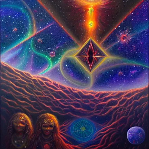 Image similar to facing the evil darkness dark star galactic nebular astral realm sacred journey in oil painting, trending on artstation, award winning, emotional, highly detailed surrealist art