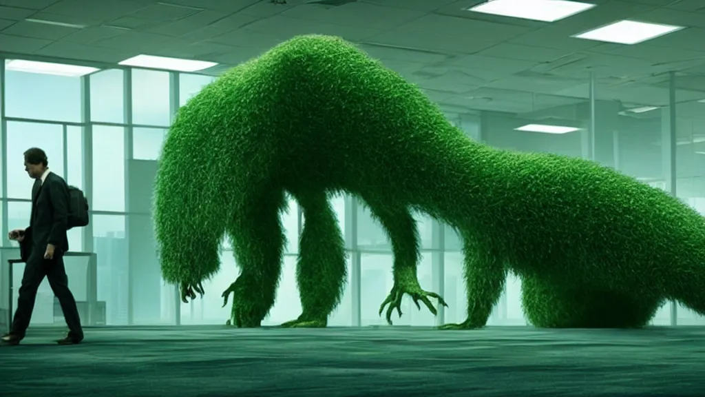 Image similar to the strange giant creature in the office, made of Chlorophyll and water, film still from the movie directed by Denis Villeneuve with art direction by Salvador Dalí