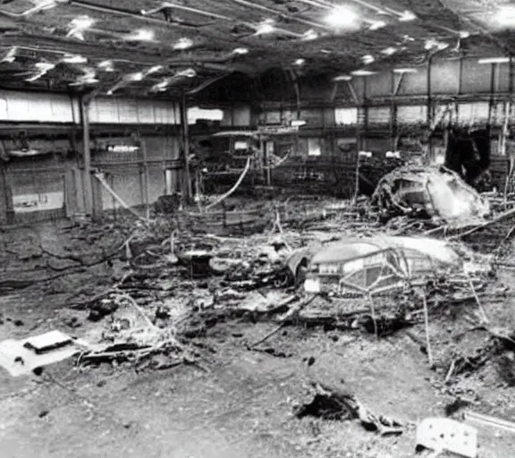 Image similar to Scientists examine UFO wreckage in a secret hangar, 1970s, hidden camera, black and white