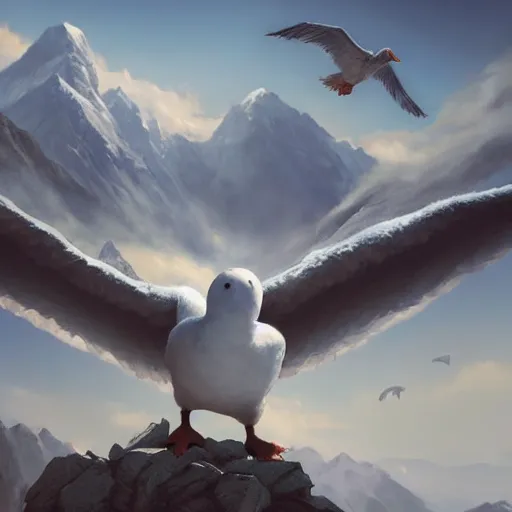 Prompt: Crowd surrounds giant white duck flying over mountains, huge feathery wings, mountain landscape, Himalayas, 4k, trending on Artstation, art by Greg Rutkowski