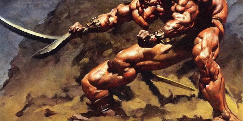 Image similar to an oil painting of a muscular barbarian warrior by frank frazetta