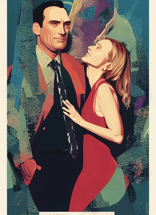 Prompt: poster artwork by Michael Whelan and Tomer Hanuka, Karol Bak of Naomi Watts & Jon Hamm husband & wife portrait, in the pose of 'Along Came Polly' poster, from scene from Twin Peaks, clean, simple illustration, nostalgic, domestic, full of details