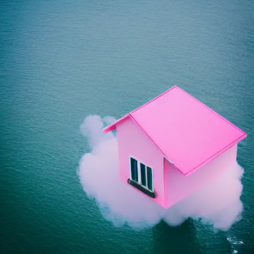 Prompt: a 5 0 mm lens photograph of a cute pink floating modern house, floating in the air between clouds, inspired by the movie up, held up from above by heart ballons. mist, playful composition canon, nikon, award winning, photo of the year