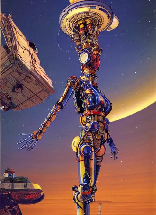 Prompt: Robotic beautiful shaman woman posing in front of a space station painted by Hajime Sorayama and moebius, chris foss , tarot, dramatic lighting