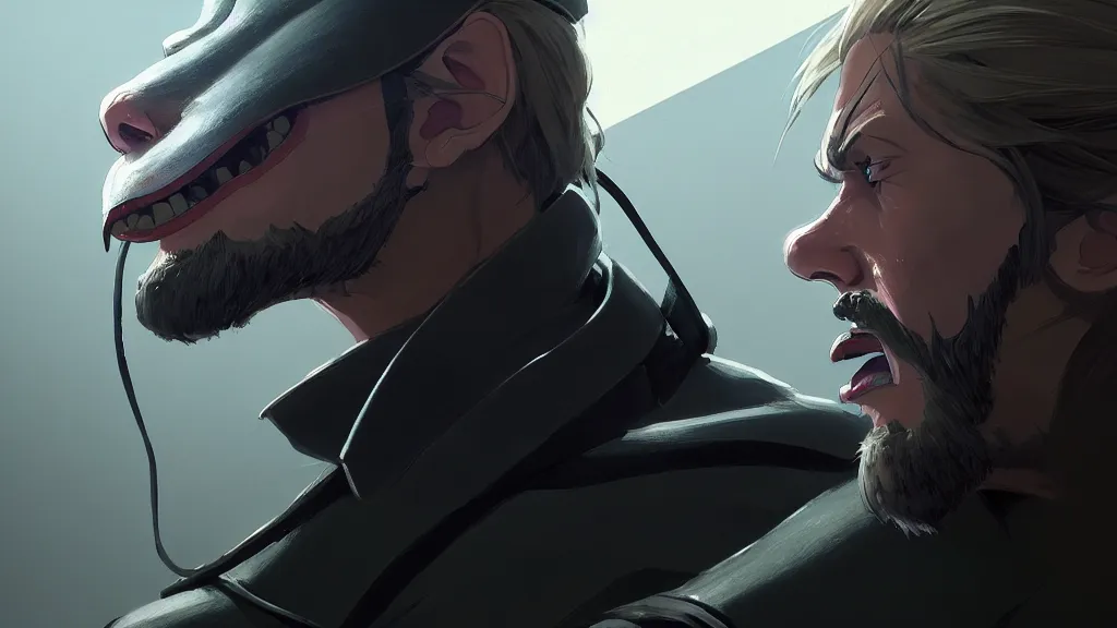 Image similar to portrait, snake from metal gear, studio ghibli, pixar and disney animation, sharp, rendered in unreal engine 5, highly detailed, digital painting, artstation, concept art, smooth, sharp focus, illustration, wide angle, artbook, wallpaper, splash art, promo art, dramatic lighting, art by artgerm and greg rutkowski and bo chen and jin xiaodi