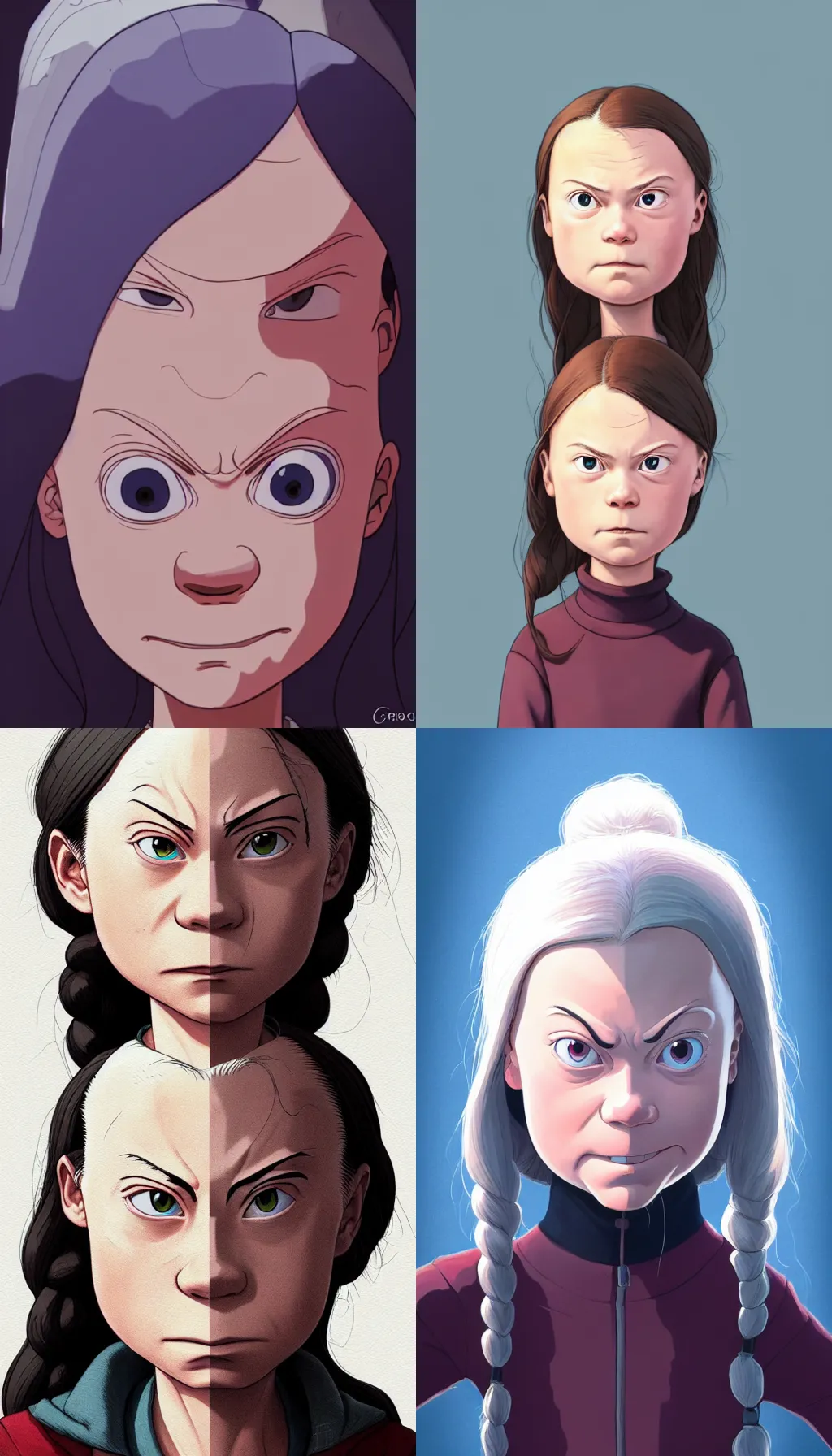 Prompt: centered!! macro head portrait of angry! furious mad disgusted queen greta thunberg, artstation, detailed cartoon, elegant, digital painting, concept art, smooth, sharp focus, illustration, ghibli, makoto shinkai, don bluth, fujita goro, jean giraud, akihiko yoshida, tom whalen 8 k