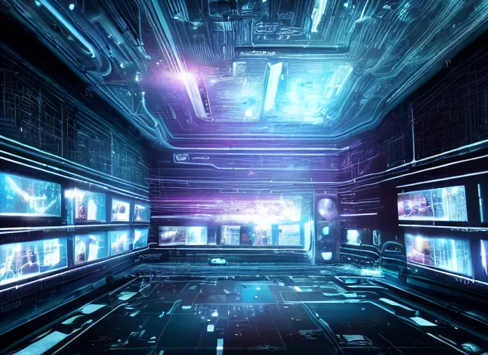 Prompt: a dimly lit room with a wall of televisions and computer screens showing images of aliens, planets and data. Cyberpunk vibes. Sci-fi. Realistic photography art. Zack Snyder. DSLR. 8k Resolution. VRay