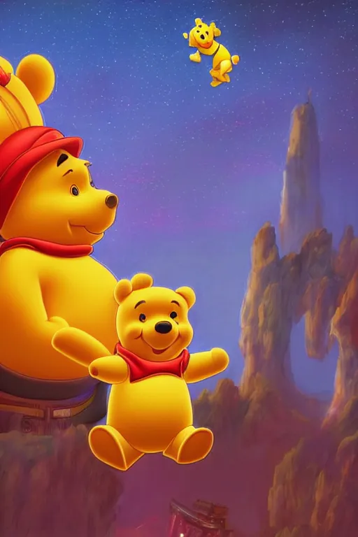 Prompt: portrait of Xi Jinping dressing up as Winnie the Pooh, Xi Jinping, rule of thirds, captivating glowing lights, Beijing setting, on interstellar space, photo realistic by Yaşar VURDEM , artstation, unreal engine, character concept art by Moebius, high quality printing