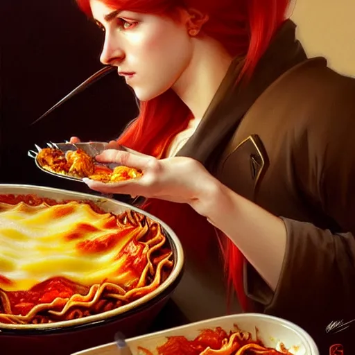 Prompt: Messi eating lasagna, closeup, D&D, fantasy, intricate, elegant, highly detailed, digital painting, artstation, concept art, matte, sharp focus, illustration, art by Artgerm and Greg Rutkowski and Alphonse Mucha