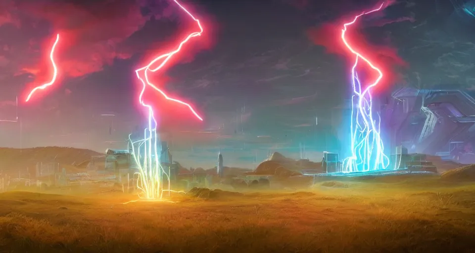 Image similar to Landscape with GIANT neon lightning bolt striking a futuristic castle, center composition, cinematic, rendered by simon stålenhag, rendered by Beeple, Makoto Shinkai, syd meade, environment concept, digital art, starwars, unreal engine, 3 point perspective, WLOP, trending on artstation, low level, 4K UHD image, octane render,