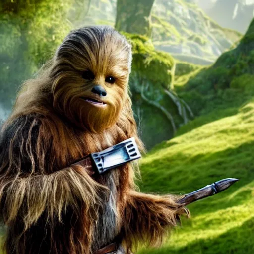 Prompt: promotional image of Chewbacca as Bilbo Baggins in The Hobbit: An Unexpected Journey (2012) directed by Peter Jackson, movie still, promotional image, imax 70 mm footage