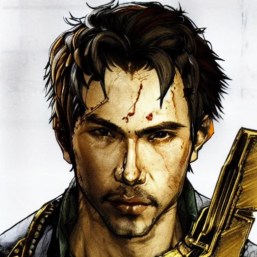 Image similar to portrait of a hero holding his sword in front of his face by yoji shinkawa, high quality, extra details, realism, ornate, colored, golden chain, blood, white skin, short hair, brown eyes, vivid, sunlight, dynamic, american man, freedom, soldier