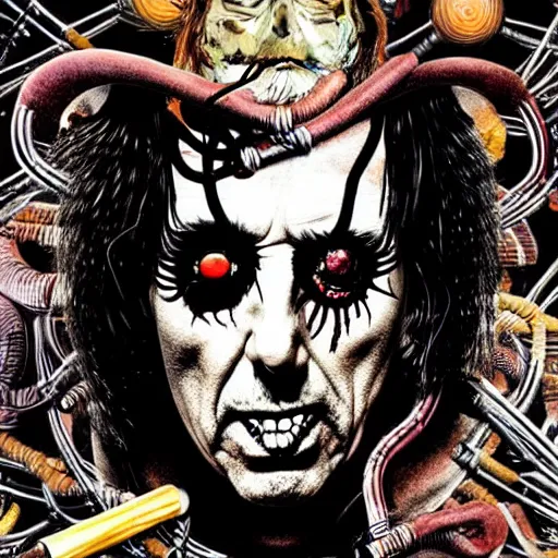 Image similar to graphic illustration, extremely creative design, alice cooper, biopunk, francis bacon, highly detailed, hunter s thompson, concept art