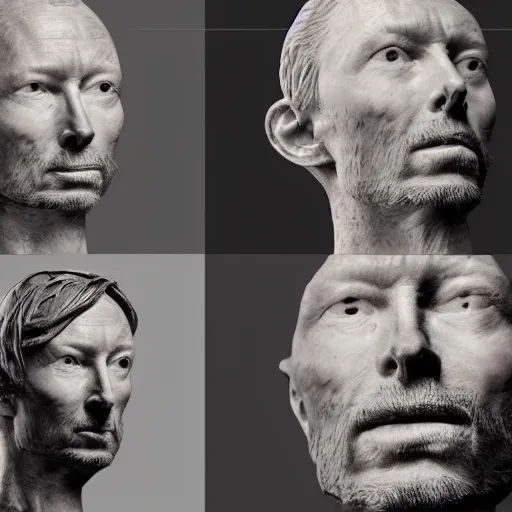 Image similar to collages, hyper realistic, many variations portrait of very old thom yorke, face variations, singer statue of ultron by jama jurabaev, very long shot, trending on artstation, high quality, brush stroke, for aaa game,