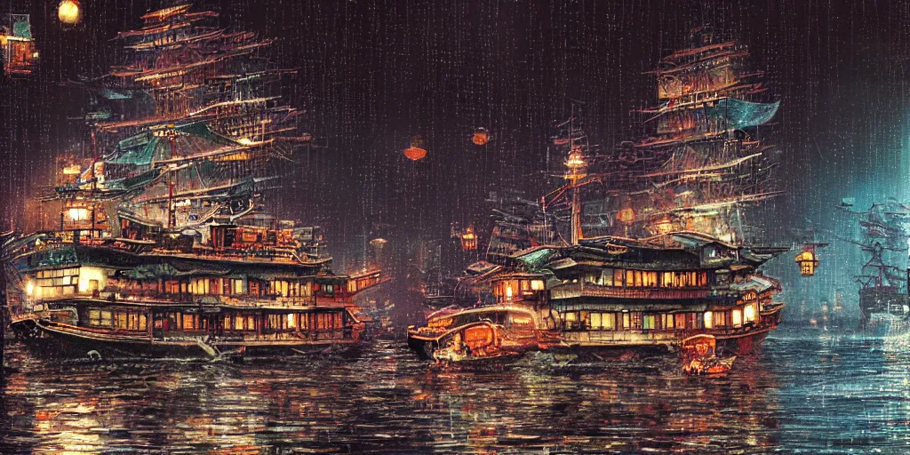 Image similar to cruiser sailing on flooded miniature kowloon city at night, raining, art by yoshitaka amano, and artgerm, pixel art