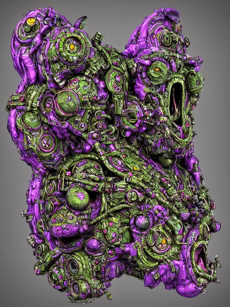 Image similar to hyper-maximalist lowbrow style overdetailed 3d sculpture of a monster by clogtwo and ben ridgway inspired by beastwreckstuff chris dyer and jimbo phillips. Cosmic horror infused retrofuturist style. Hyperdetailed high resolution. Render by binx.ly in discodiffusion. Dreamlike surreal polished render by machine.delusions. Sharp focus.