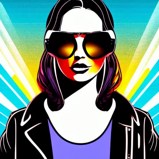 Image similar to a woman with light blue shutter shades in front of a sunset, a dark brown leather jacket, vector art by jan tengnagel, pixabay contest winner, retrofuturism, retrowave, synthwave, outrun, portrait,