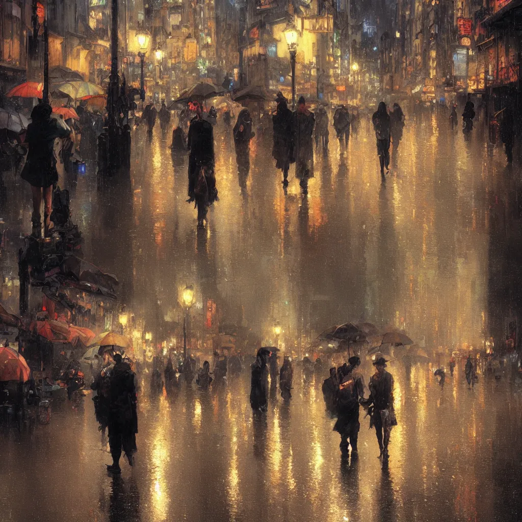 Prompt: a beautiful city at night, wet sidewalk, people, reflections, raindrops, art by craig mullins, greg rutkowski, alphonse mucha, trending on artstation, extremely detailed, masterpiece