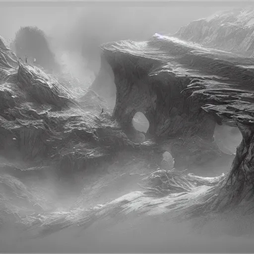 Image similar to michal karcz pencil sketch of an ugly landscape. , horror theme, detailed, elegant, intricate, 4k,