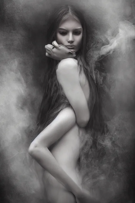 Prompt: wetplate photography inside a soul of a gorgeous young girl , searching for eternity, smoke out of her eyes, dark glowing forest in the style of stefan kostic, realistic, sharp focus, 8k high definition, high fashion, vogue, insanely detailed, soft light, colorful smoke, intricate, elegant, art by stanley lau and artgerm, sigma 85mm art