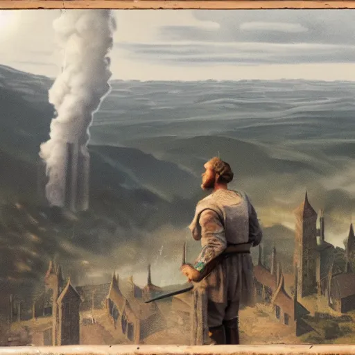 Prompt: matte painting of man holding steam deck gazing down from ivory tower at peasants