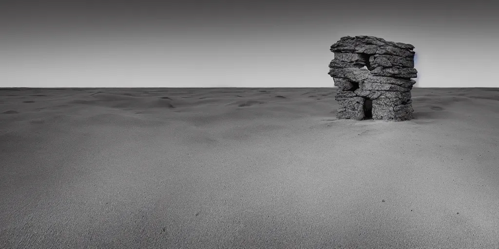 Image similar to a breathtaking surreal photograph of windswept dunes scandinavian landscape, a withered ancient altar + stone in center, blue - grey filter, ultra wide shot, cinematic, 8 k, dramatic lighting