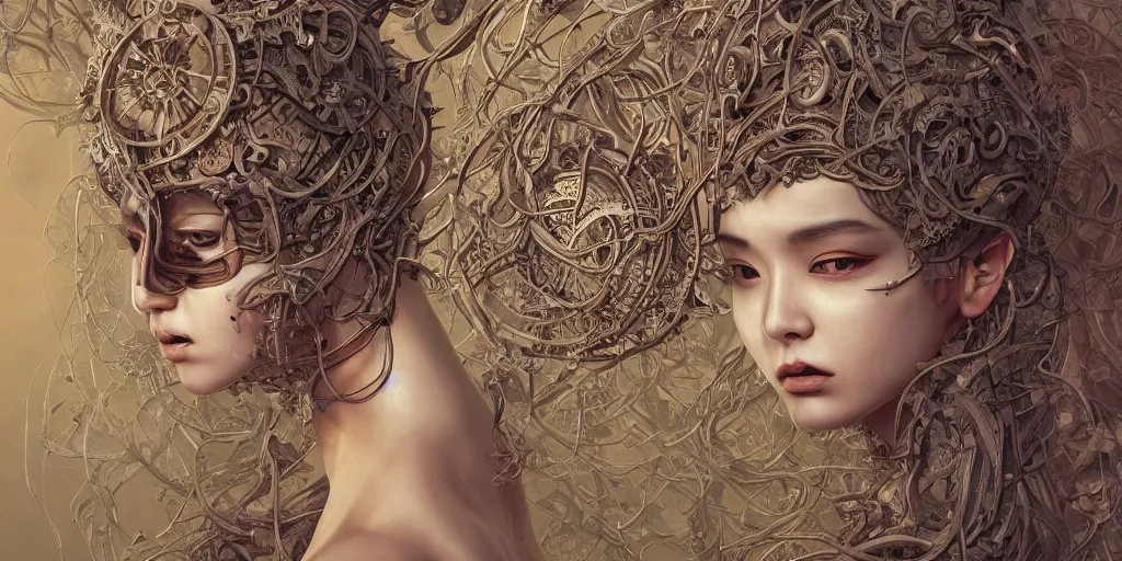 Image similar to hyperrealistic photography of a highly detailed and symmetrical gorgeous female demigorgon deconstructing a poetry machine in the style of Jin Kagetsu, James Jean and wlop, highly detailed, face symmetry, masterpiece, award-winning, sharp focus, intricate concept art, ambient lighting, 8k, artstation