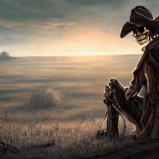 Image similar to a wounded skeleton cowboy in a long coat watching a sunset, concept art, DeviantArt, art station, illustration, highly detailed, artwork, cinematic, hyper realistic