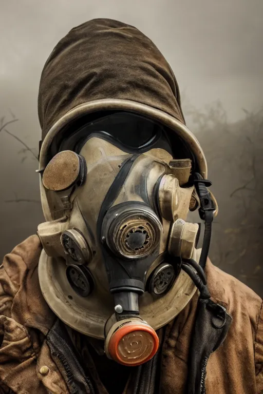 Prompt: an award winning portrait photo of a person wearing a gas mask and hard helmet, postapocalyptic, 4 k, high quality, sharp focus