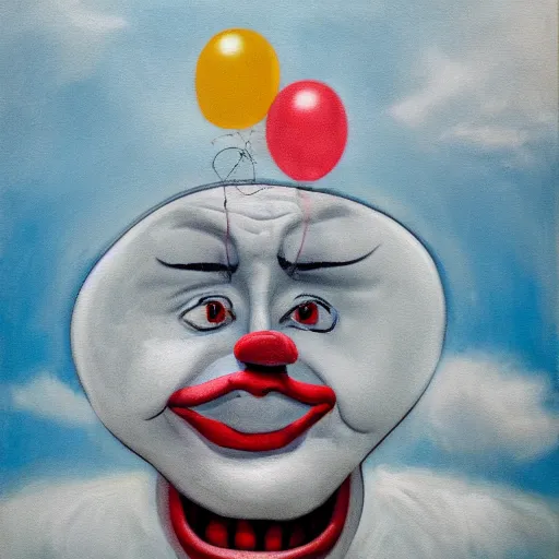 Prompt: A portrait of a crying clown with clouds on the background