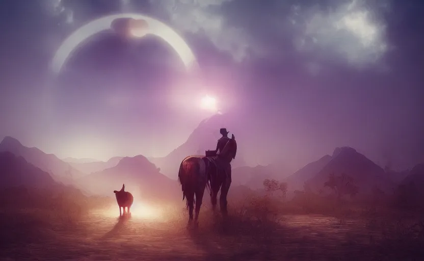 Prompt: cowboy dream, two suns, gloomy, fog, elaborate, detailed digital art, trending in artstation, purple color lighting