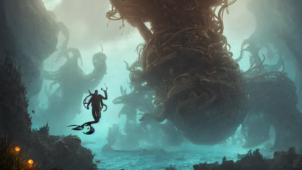 Prompt: A diver is under the sea, he is swimming away from the giant Cthulhu that is behind hunting him, this is an extravagant planet with wacky wildlife and some mythical animals, the background is full of ancient ruins, the ambient is dark with a terrifying atmosphere, by Jordan Grimmer digital art, trending on Artstation,