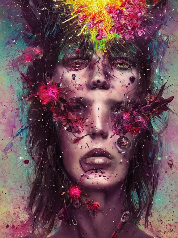 Prompt: art portrait of space zombie with flower exploding out of head,8k,by tristan eaton,Stanley Artgermm,Tom Bagshaw,Greg Rutkowski,Carne Griffiths,trending on DeviantArt,face enhance,hyper detailed,minimalist,cybernetic, android, blade runner,horror,full of colour,