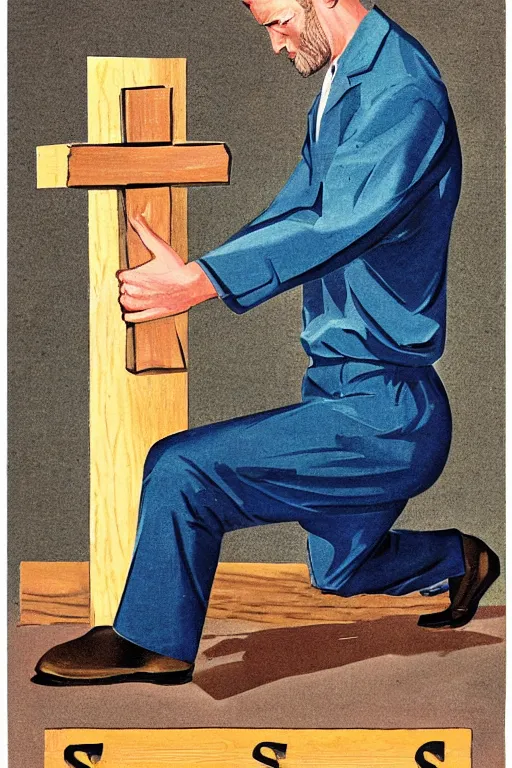 Image similar to man kneeling at the base of a wooden cross, 1960’s advertising art illustration