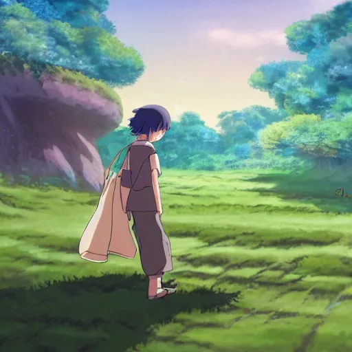 Prompt: friendly guy and a pet in the spitited away style, 4k art, high detail, smooth, anime beautiful scene, detailed face, studio ghibli, sharp focus high qualitt, fantasy, forest, detailed creature, wonderful,